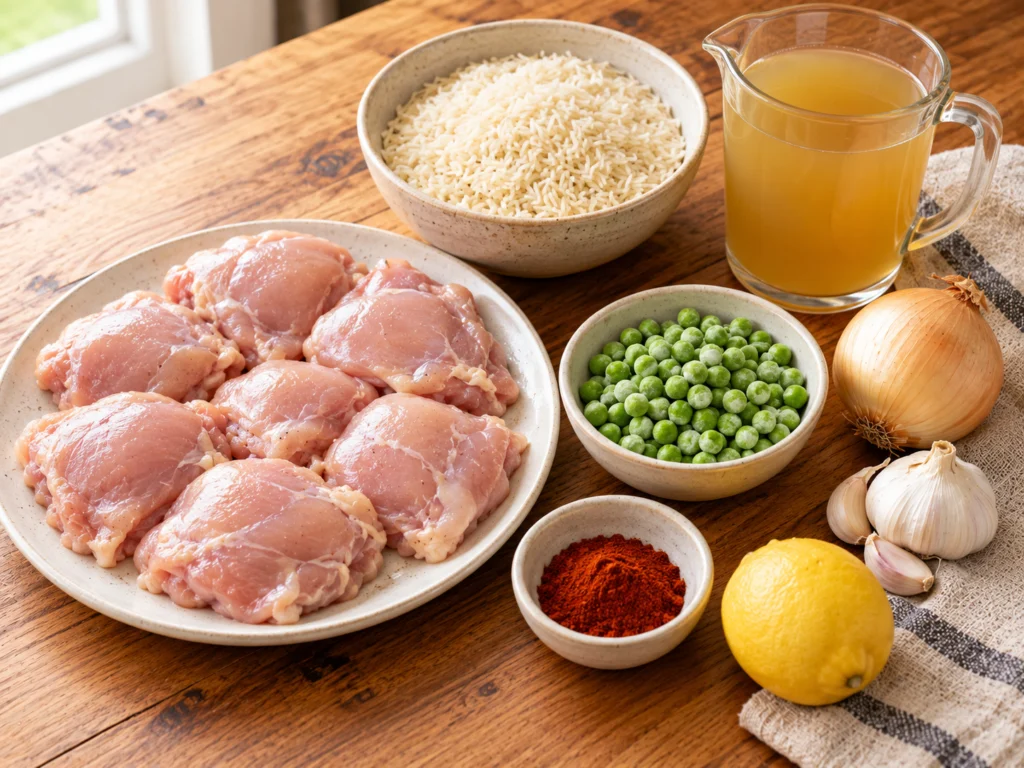 Raw boneless chicken thighs, long-grain rice, chicken broth, a yellow onion, garlic, frozen peas and a lemon on a light wooden counter.
