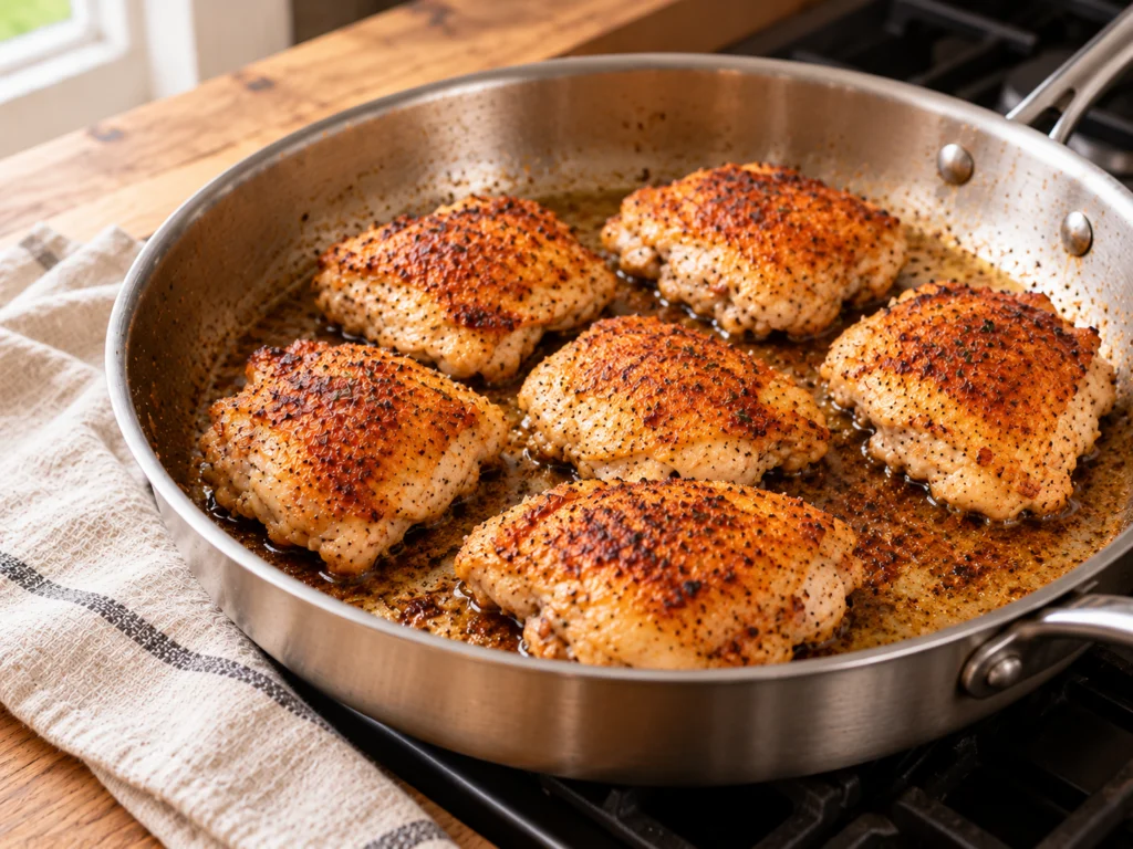 Paprika-seasoned chicken thighs browned in a large deep skillet.
