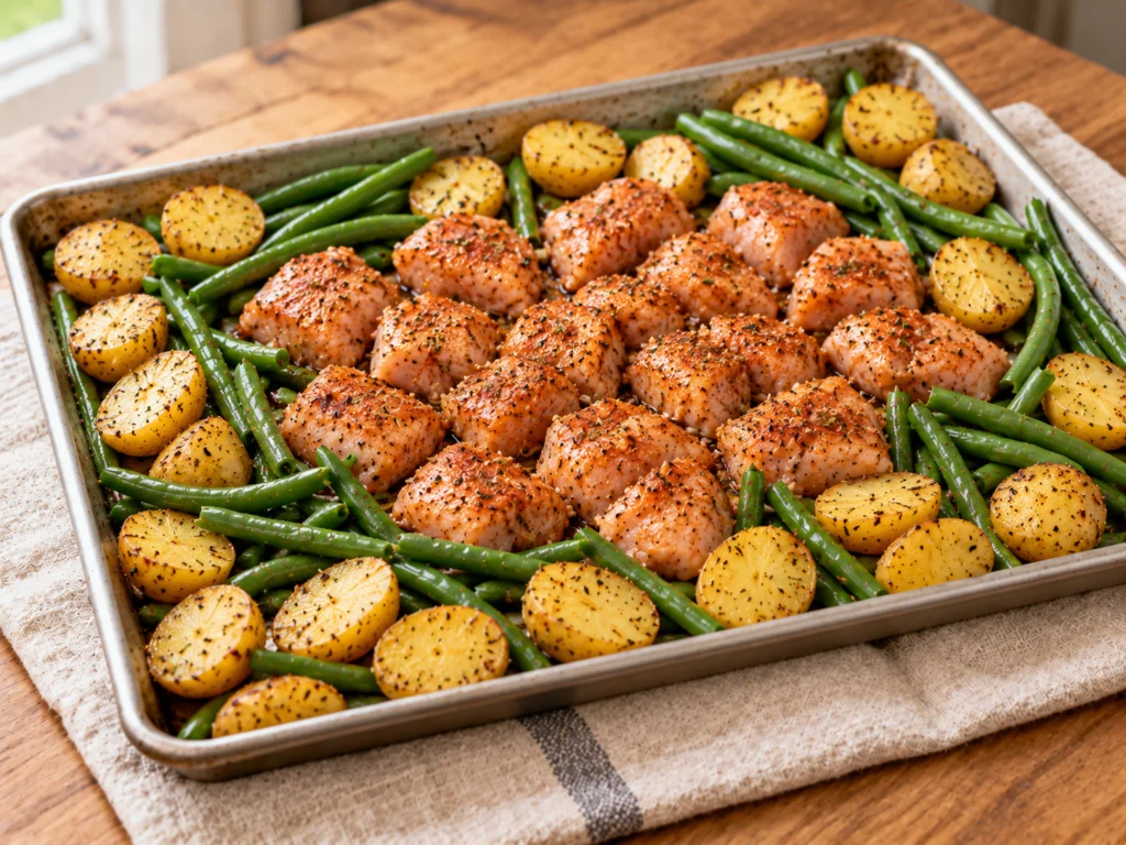 Seasoned raw chicken pieces in the center of a sheet pan with partly roasted potatoes and green beans around them.