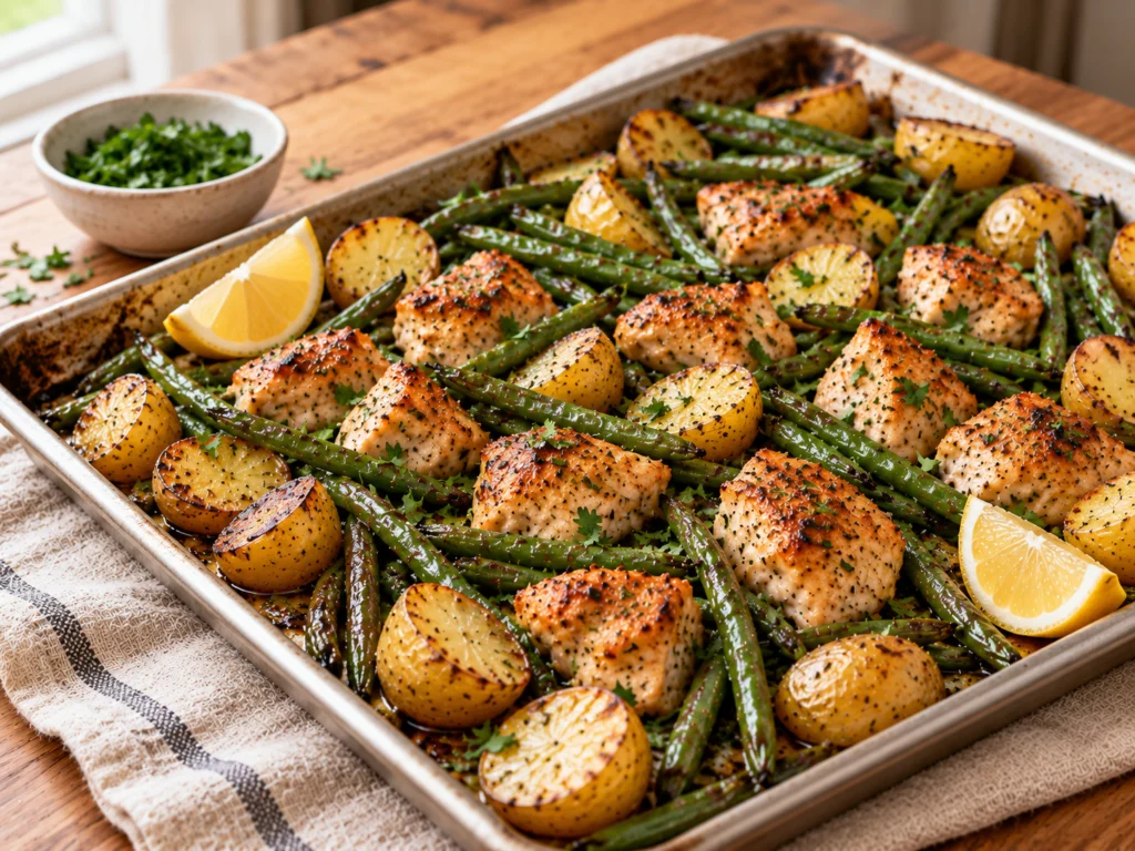 Roasted chicken pieces, golden potatoes and blistered green beans on a sheet pan with lemon wedges.