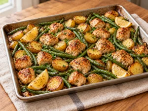 Sheet pan chicken and potatoes with roasted chicken breast pieces, golden small potatoes, green beans and lemon wedges.