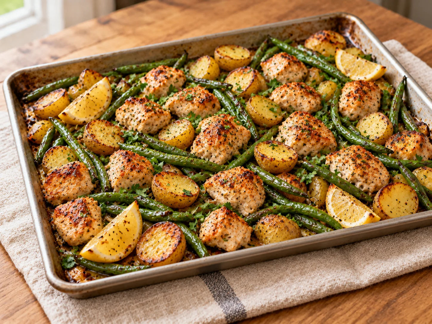 Sheet pan chicken and potatoes with roasted chicken breast pieces, golden small potatoes, green beans and lemon wedges.