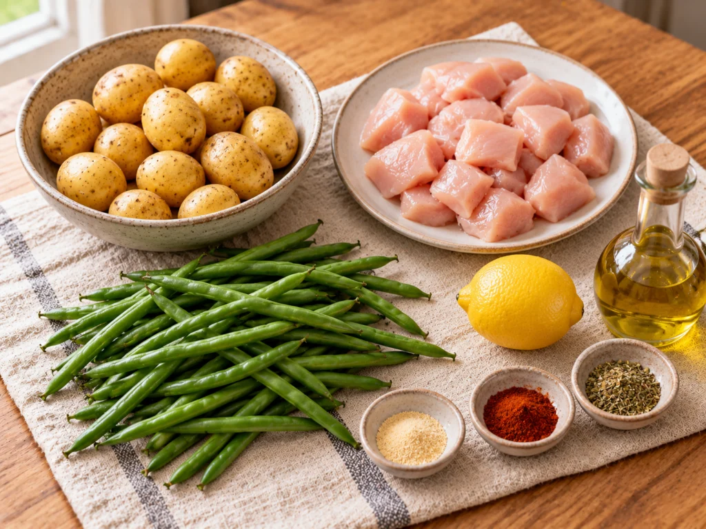 Small potatoes, raw chicken breast pieces, fresh green beans, olive oil, a lemon and small bowls of garlic powder, smoked paprika and oregano on a light wooden counter.