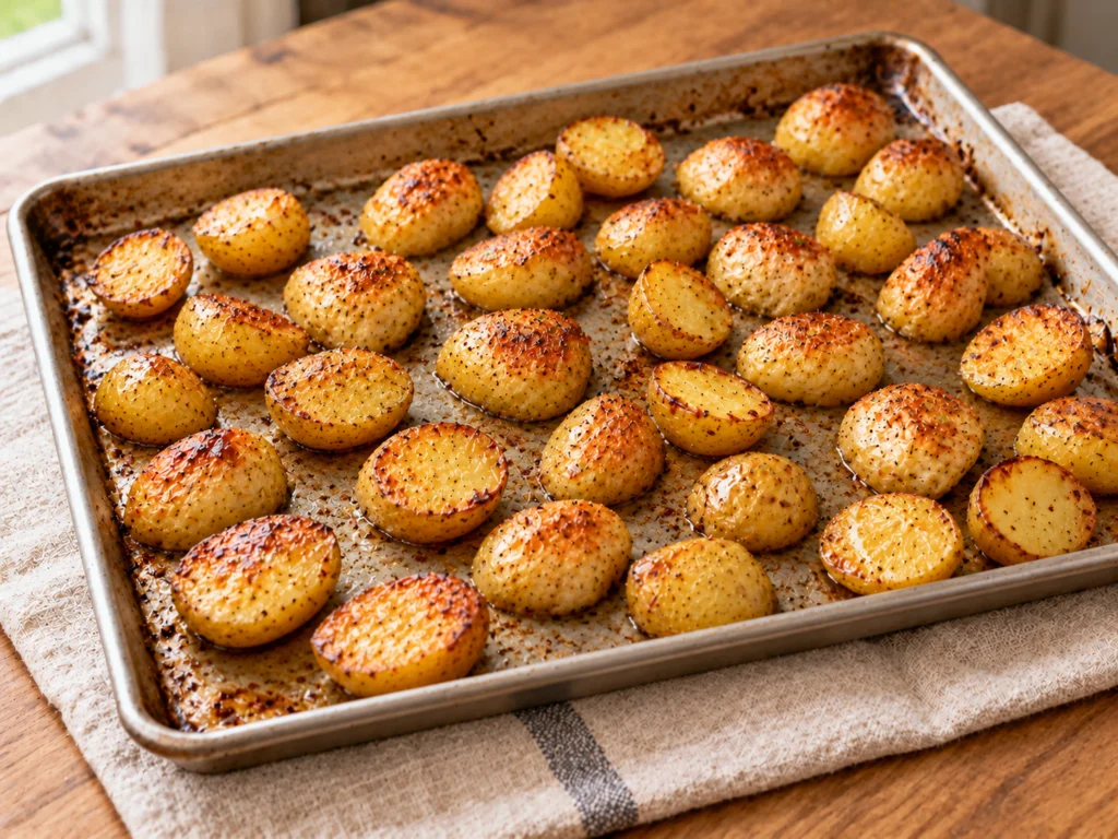 Halved small potatoes cut side down on a rimmed sheet pan, lightly browned after the first roast.