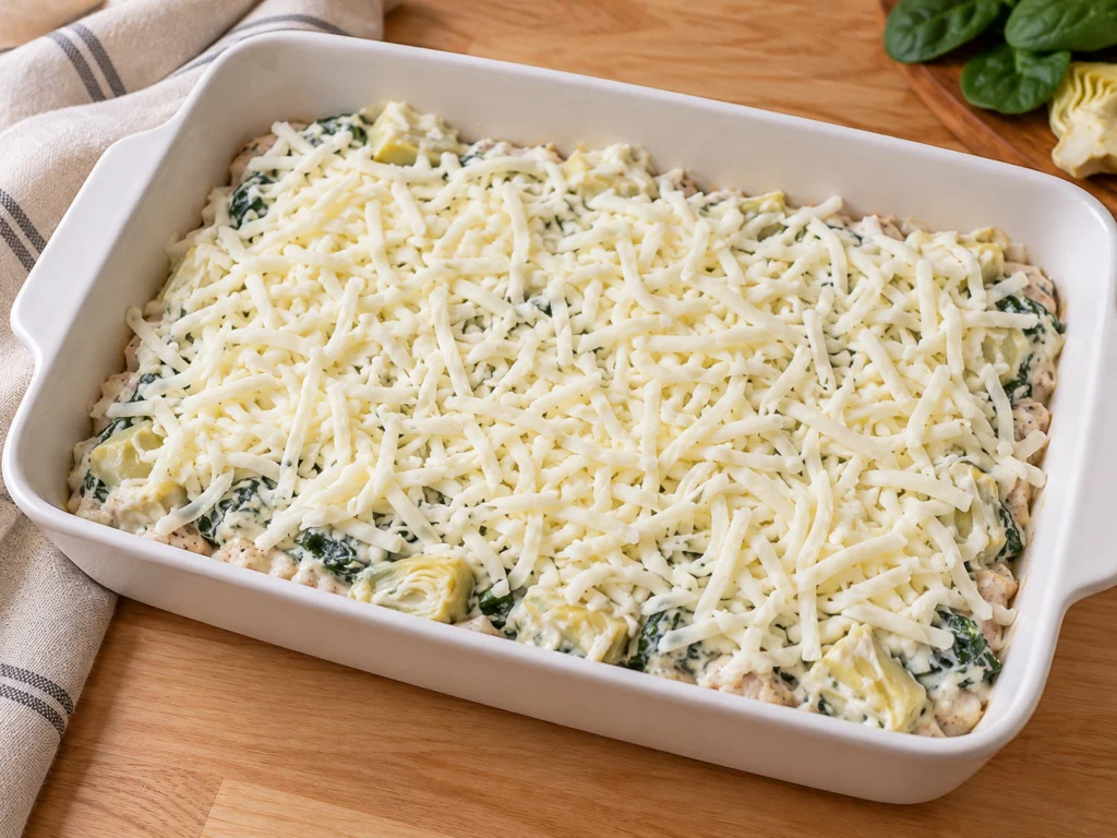 Unbaked spinach artichoke chicken bake topped with shredded mozzarella in a 9×13 dish.
