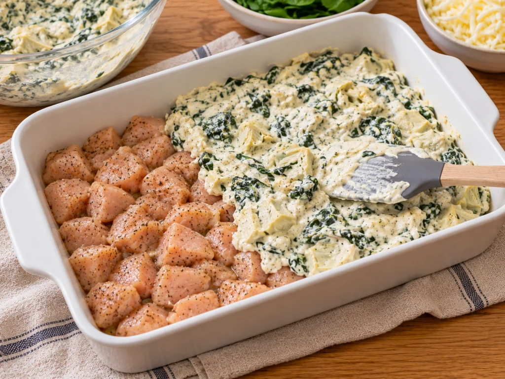 Seasoned chicken pieces in a 9×13 dish half covered with the spinach artichoke sauce.