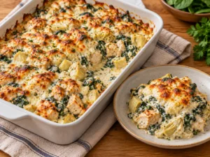 Spinach artichoke chicken bake in a white baking dish with melted mozzarella, and a creamy serving on a plate.
