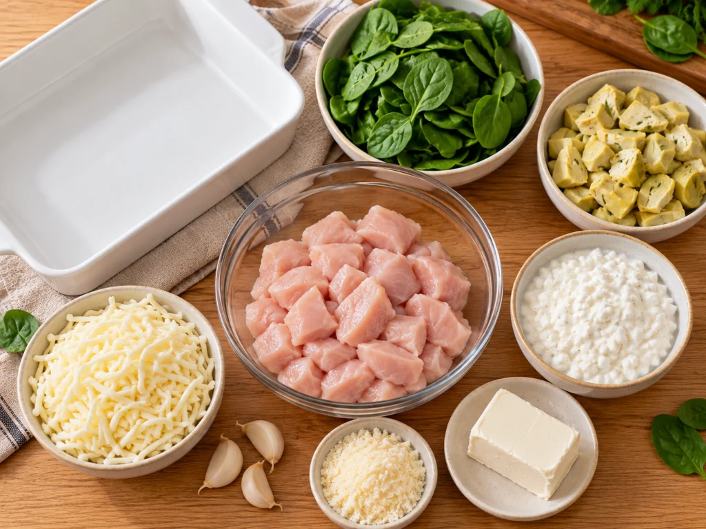 Raw chicken pieces, baby spinach, canned artichoke hearts, cottage cheese, light cream cheese, Parmesan, mozzarella and garlic on a counter.