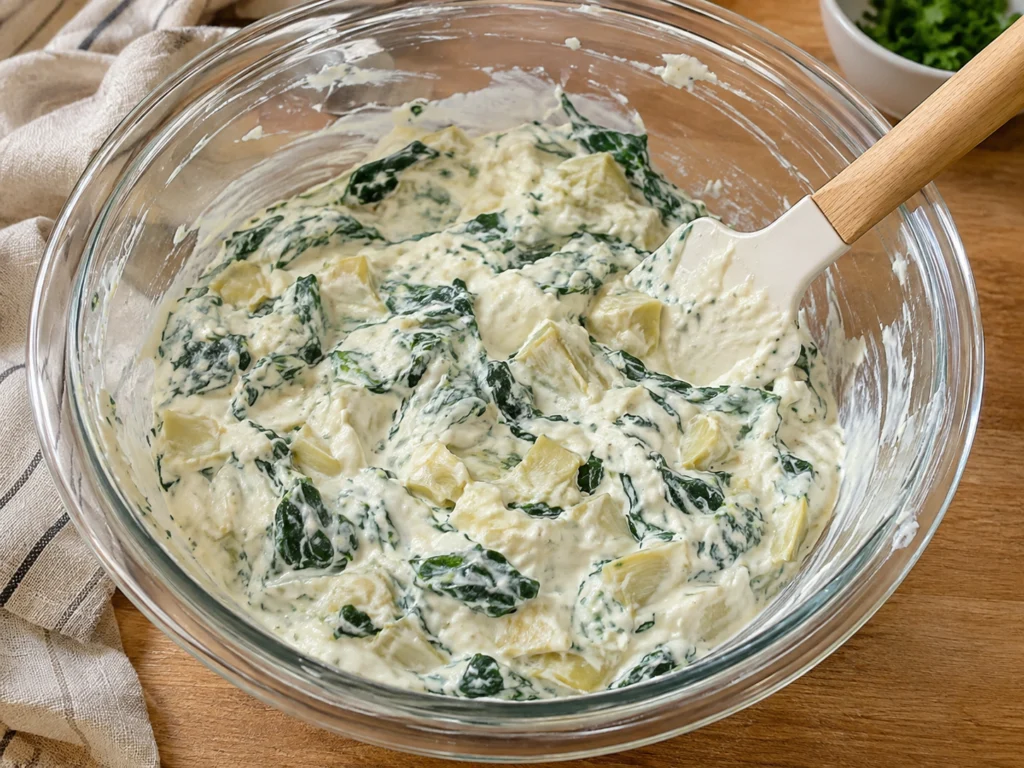 Creamy white sauce with chopped green spinach and artichoke pieces in a large mixing bowl.