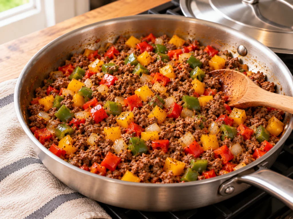 Browned ground beef with diced red, yellow and green peppers and onion in a deep skillet.