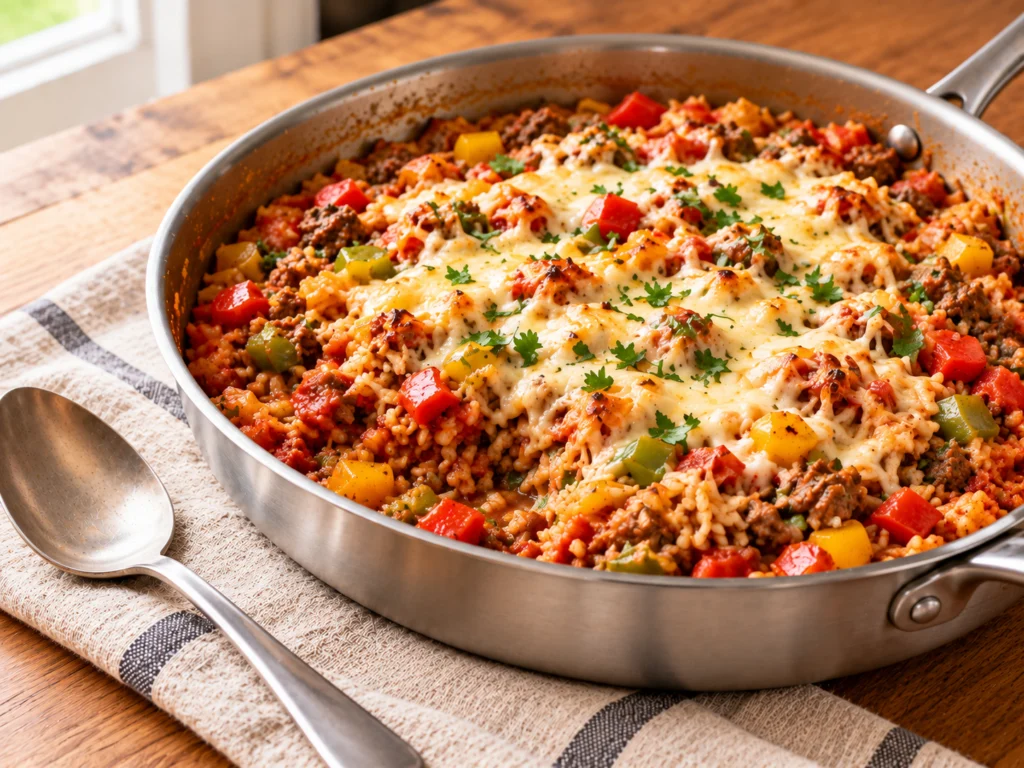 Unstuffed pepper skillet with melted mozzarella on top and chopped parsley.