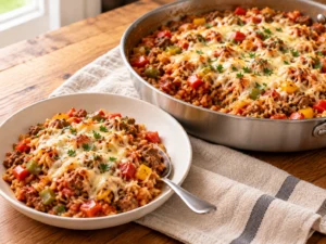 Unstuffed pepper skillet with ground beef, diced bell peppers, tomato rice and melted mozzarella in a deep skillet.