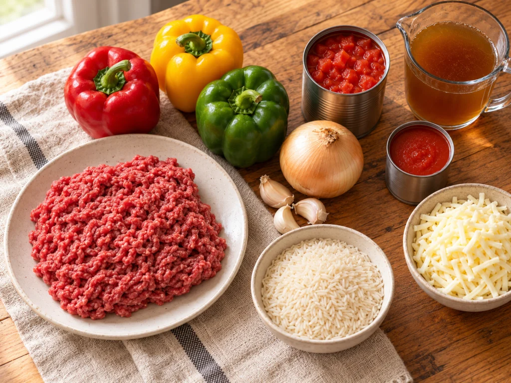 Lean ground beef, red, yellow and green bell peppers, an onion, canned diced tomatoes, tomato sauce, rice, beef broth and shredded mozzarella on a light wooden counter.