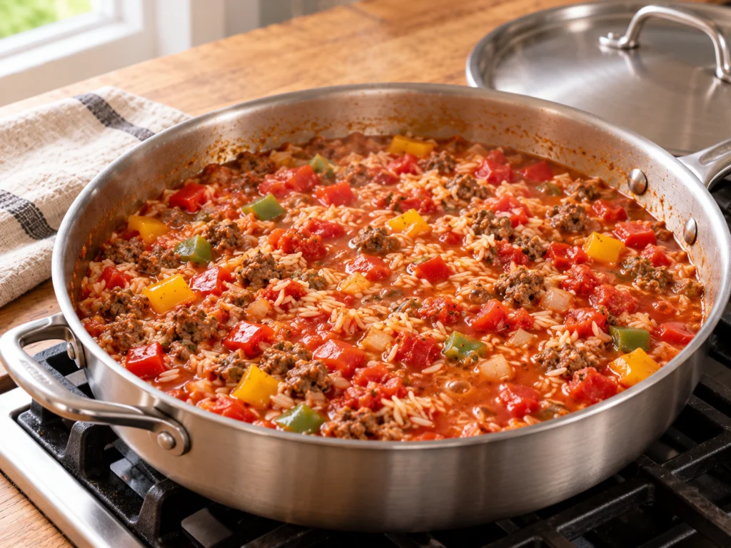 Ground beef, peppers, tomatoes and rice simmering in a deep skillet before covering.